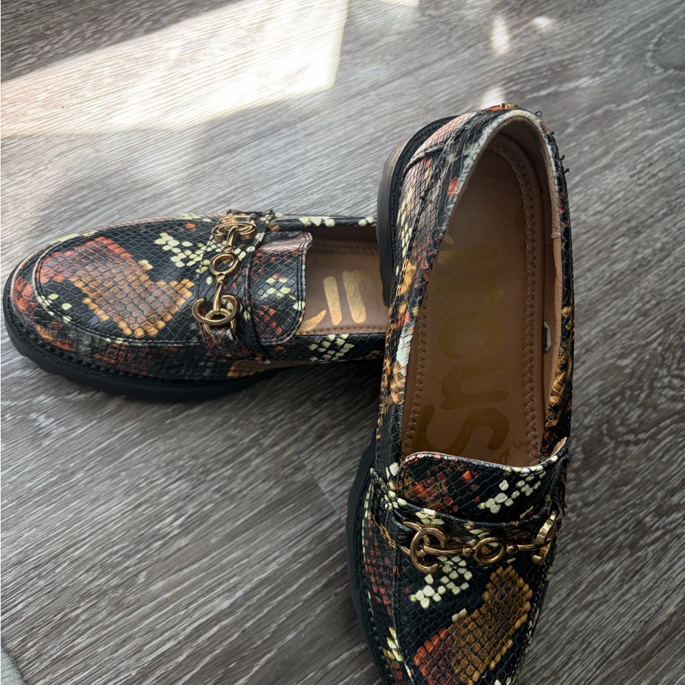 Sam Edelman Circus Women's Snake-Print Loafers with Gold Bit Black/Orange/Brown - Picture 3 of 5